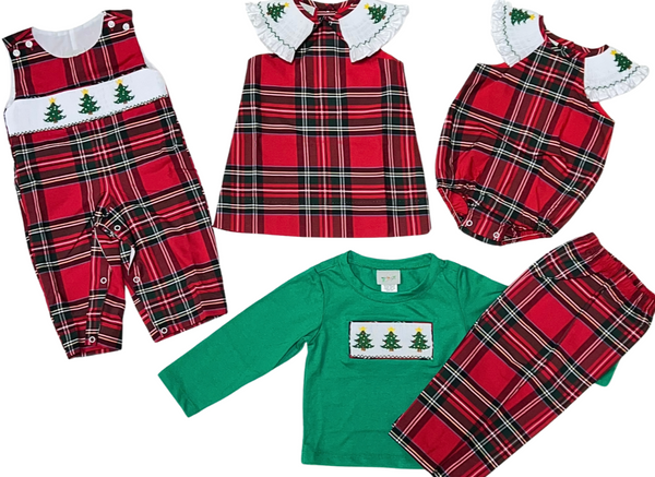 Smocked Sleeve Plaid Tree Dress