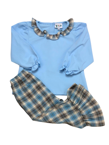 Blue and Brown Tartan Girls Pant Set